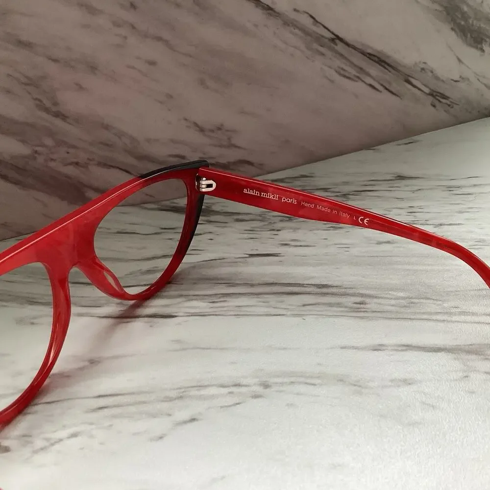 Alain Mikli A05031 Pearled Red Cat‑Eye Frames — Artsy Sculptural Italian Design